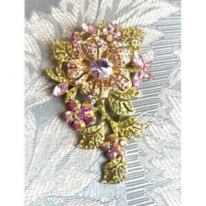 Vintage Pink & Gold  Brooch Aurora Borealis Rhinestone 80'sCore Flower Pin